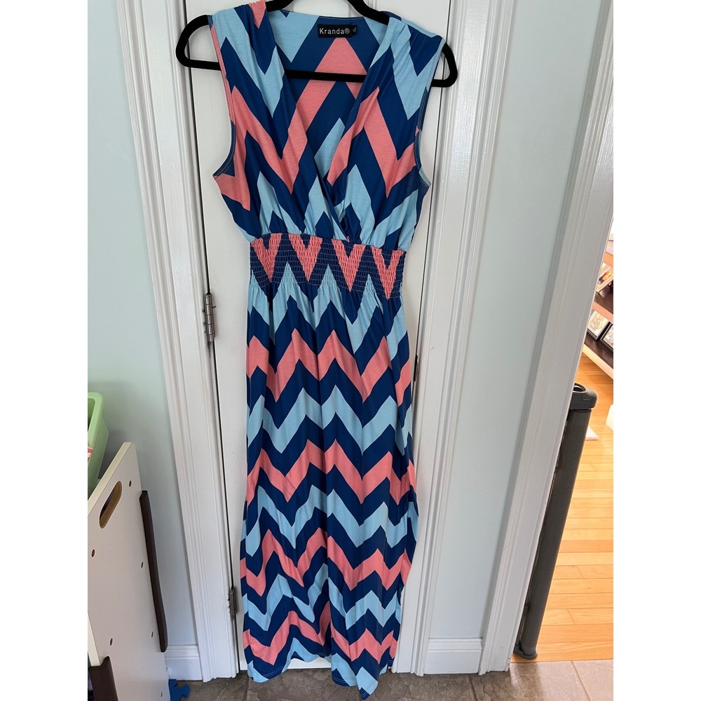 Kranda Chevron Maxi Dress Blue Coral Pink Smocked Waist V-Neck Sleeveless XL